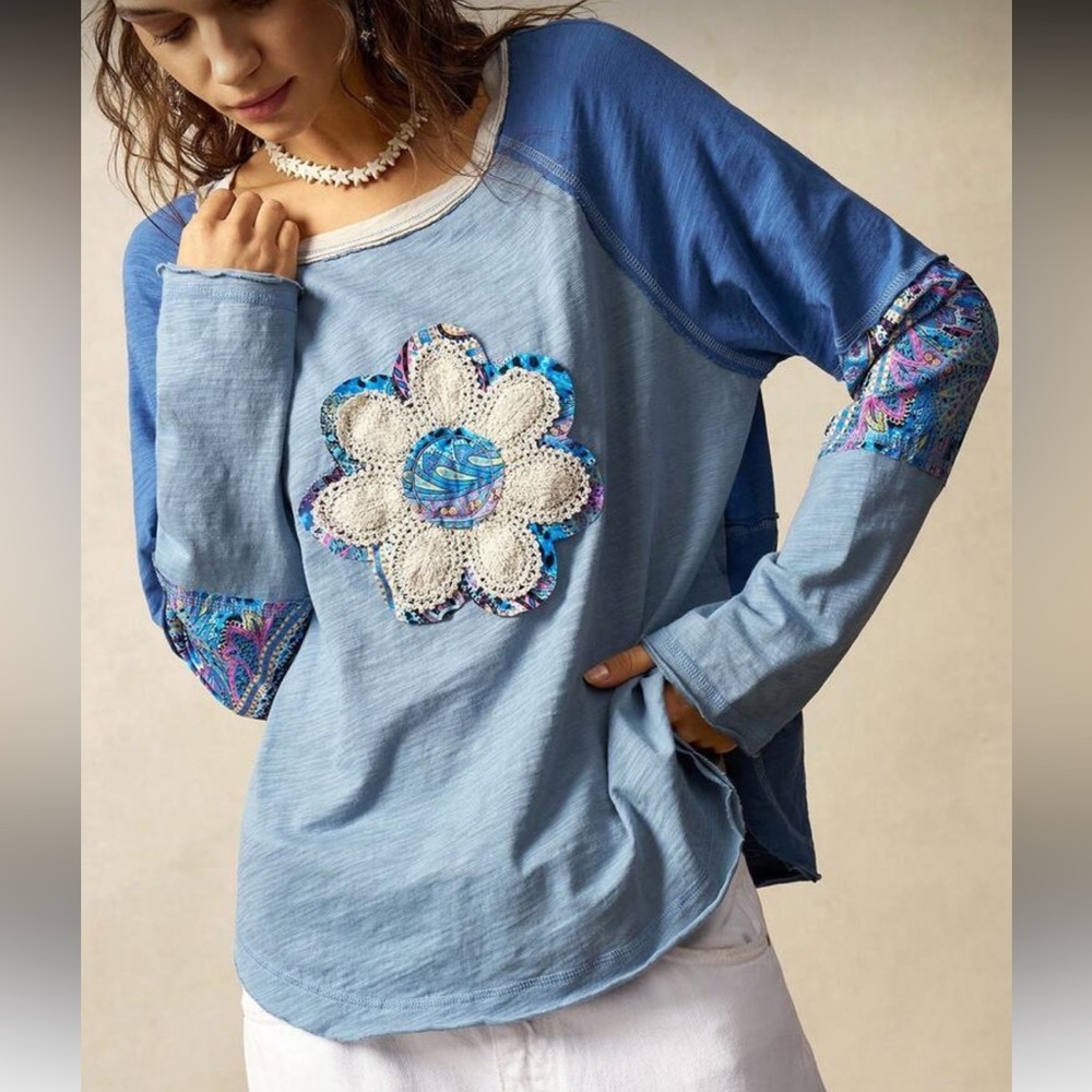 Plus Size Cotton Boho Patchwork Long Sleeve Loose Washed Graphic T-Shirt Blue